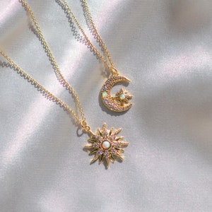 Sun and moon opal and gold friendship necklaces • White opal sunburst and moon pendants on gold chain • Celestial ethereal matching jewelry