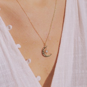 Dainty Gold and Opal Moon and Star Necklace