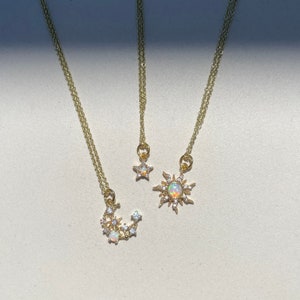 Sun, moon and star opal 18K Gold-plated friendship necklaces • White opal pendants on gold chain • Celestial friendship jewelry for three