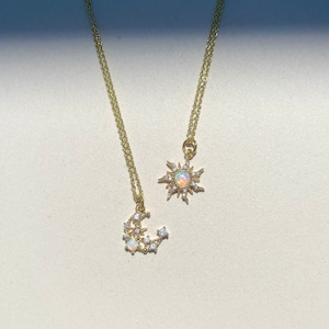 Sun and moon opal 18K Gold-plated friendship necklaces • White opal pendants on gold chain • Celestial friendship jewelry •Matching Pendants