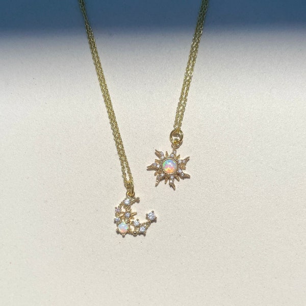 Sun and moon opal 18K Gold-plated friendship necklaces • White opal pendants on gold chain • Celestial friendship jewelry •Matching Pendants