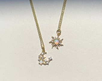 Sun and moon opal 18K Gold-plated friendship necklaces • White opal pendants on gold chain • Celestial friendship jewelry •Matching Pendants