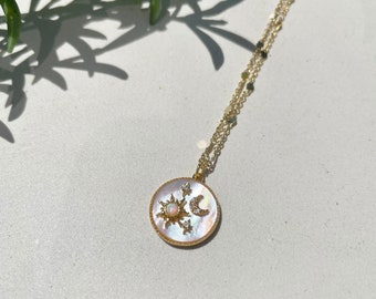 Opal moon, sun and stars pearl coin necklace • 14K gold-plated pearl and opal medallion pendant • Dainty circular gold necklace