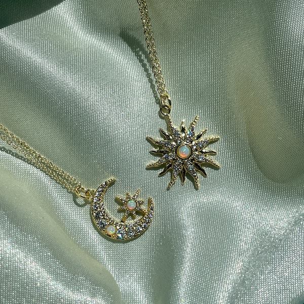 Sun and moon opal 18K Gold-plated friendship necklaces • White opal sunburst and moon pendants on gold chain • Celestial matching jewelry