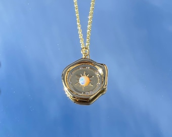 Opal medallion 18K Gold-plated necklace • White opal wax seal pendant • Celestial opal coin jewelry