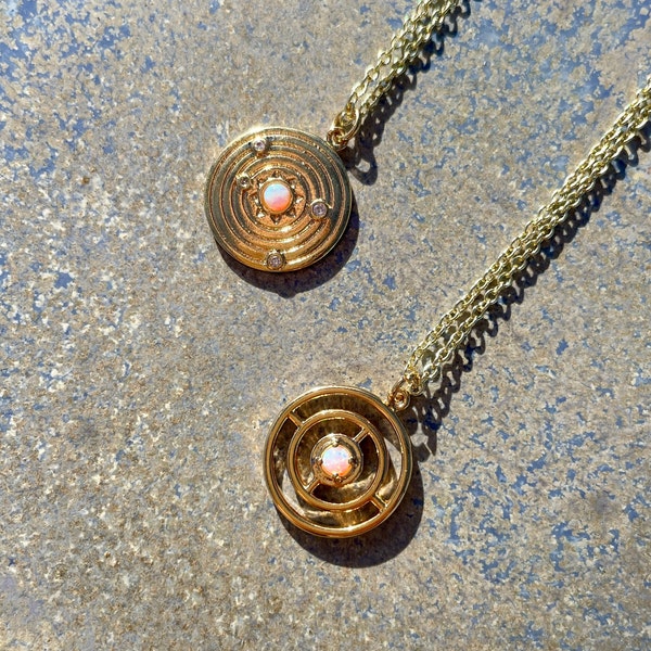 Solar system friendship gold and opal necklaces • Opal coin pendants on gold chain • Celestial friendship jewelry • Best friends • Couples