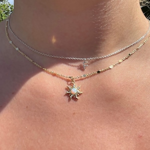 Sun opal 18K Gold-plated necklace • White opal sunburst pendant on gold chain • Celestial jewelry