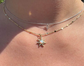 Sun opal 18K Gold-plated necklace • White opal sunburst pendant on gold chain • Celestial jewelry