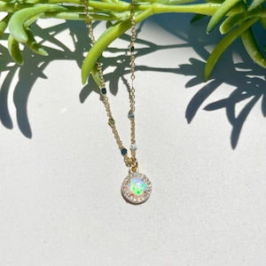 Dainty Opal 14K Gold-plated Necklace • White Opal Pendant on Gold Chain