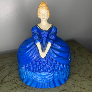 Antique Lady Dresser Powder Jar Trinket Box Dressed in Blue