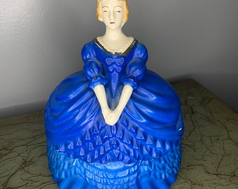 Antique Lady Dresser Powder Jar Trinket Box Dressed in Blue