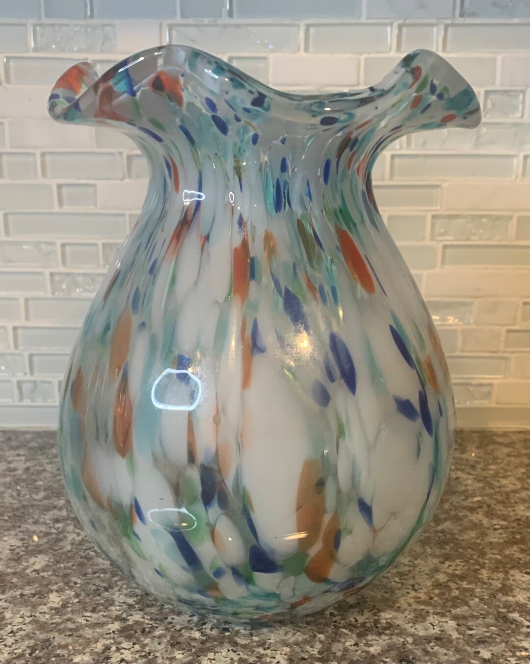 Handblown Confetti Art Glass Vase Pearshaped Ruffled Edge Etsy