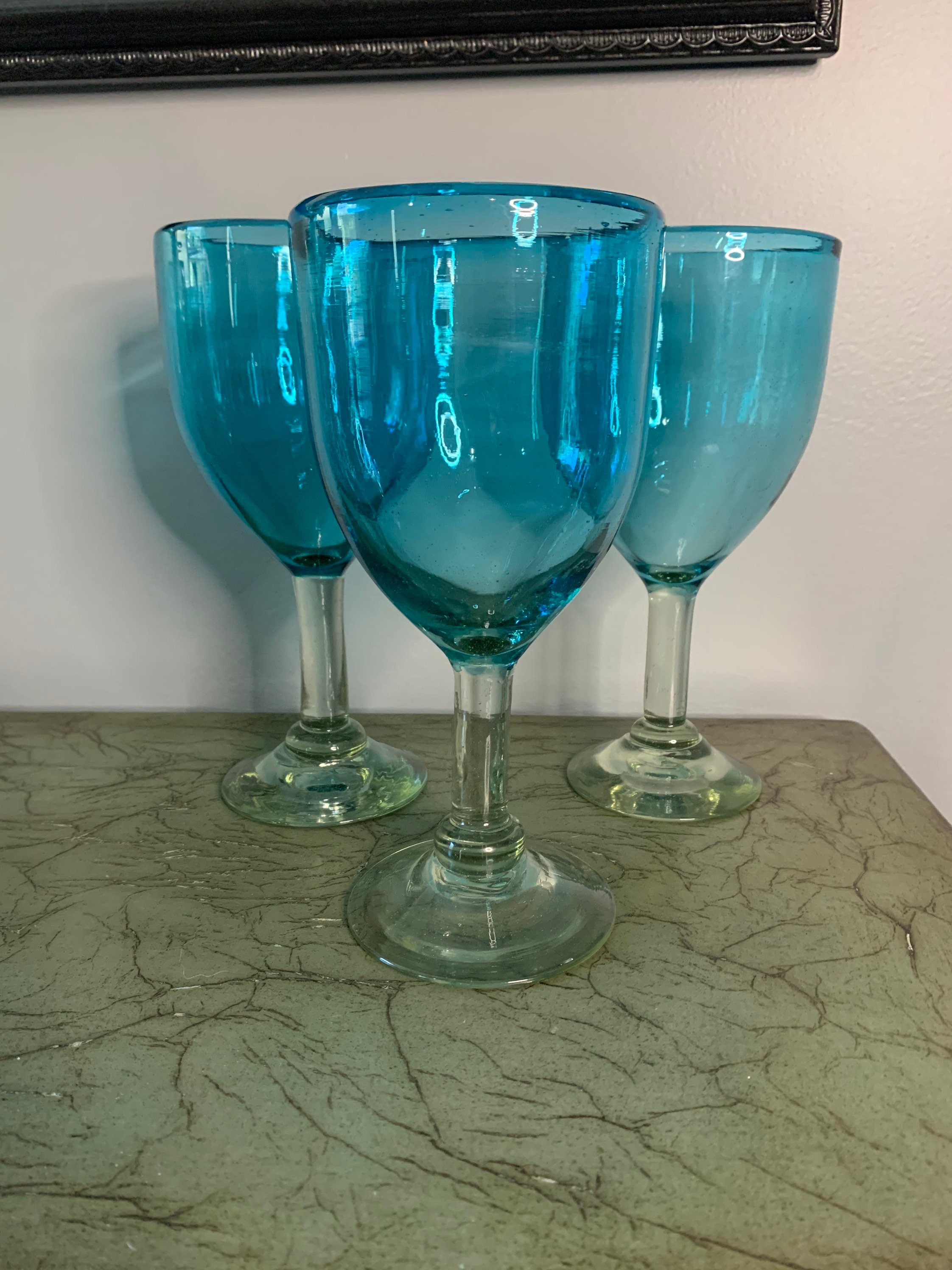 Set of 3 Hand Blown Artisan Wine Glasses Turquoise With Etsy