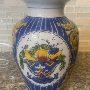 Chinoiserie Blue & Yellow Porcelain Vase | Fruit Medallions |