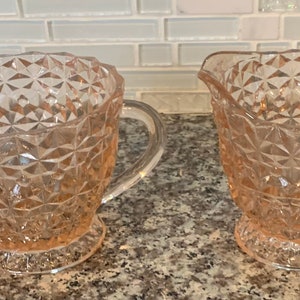 Antique Creamer and Sugar Set by Jeannette in Holiday Pink - Buttons & Bows - 1940’s - Depression Glass