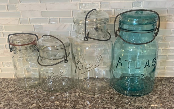 Vintage Set of 4 Mason Jars | Atlas E-Z | Ball Ideal | Ball | Wire Top |