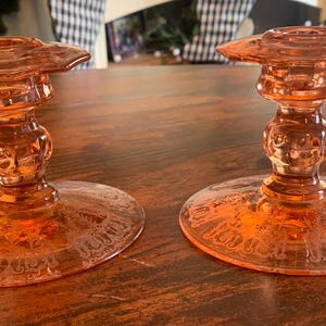 Anyique Set of 2, Cambridge  Cleo Etched Peachblo Pink |  4 Inche Single Candlestick Holder | 1921-45 |