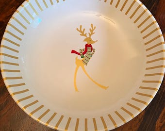 Gold Dancing Reindeer Pasta Bowl | Certified International | Discontinued | Christmas | Dasher | Vixen |