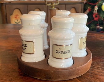 Vintage Mid Century Modern Spice Rack with 5 Milk Glass Spice Containers