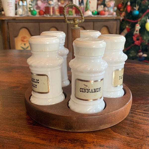 Vintage Mid Century Modern Spice Rack with 5 Milk Glass Spice Containers