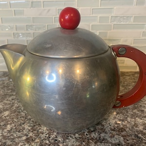 Vintage Retro Mid Century Mirro Aluminum Teapot with Red Wood Handles