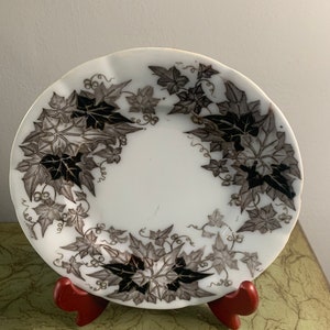 Antique Set of 4 Ironstone Black Gray Plate SARREGUEMINES Bryonia, Black Transferware Plate Gold Accents Terre de Fer 1890s