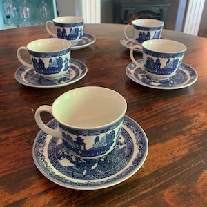 Set of 5 NWT Willow Blue by Johnson Brothers Flat Cup and Saucers | Discontinued | England |