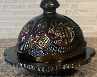 Vintage L. E. Smith Glass Imperial Rose Amethyst Carnival Round Butter Dish