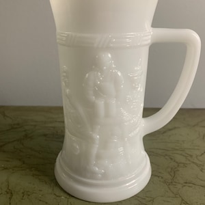 Vintage Federal White Milk Glass Beer Stein, Embossed Tavern Scene