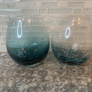 Teal Blue Crackle by PIER 1 Wine Glasses - Stemless Wineglasses | Set of 2 | Gorgeous and Rare |
