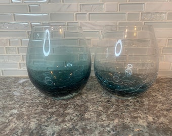 Teal Blue Crackle by PIER 1 Wine Glasses - Stemless Wineglasses | Set of 2 | Gorgeous and Rare |