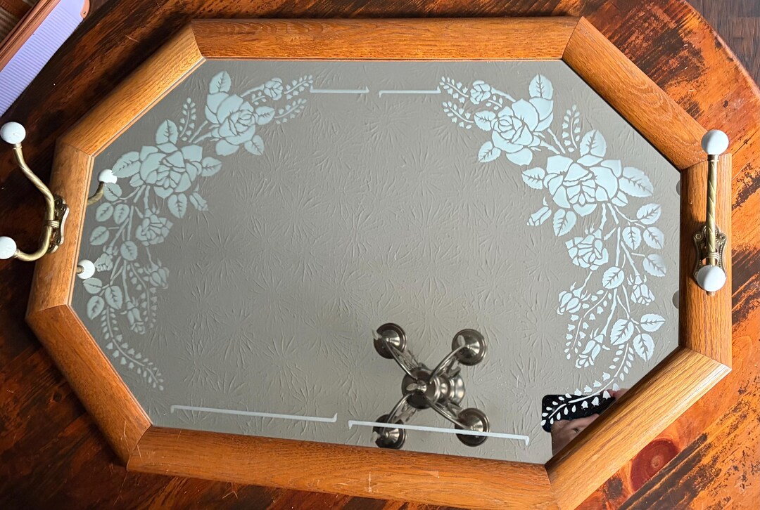 Etched Rack Vintage Octagon Etched Mirror | Roses | Coat Rack | Brass Pegs | 31.5 ...