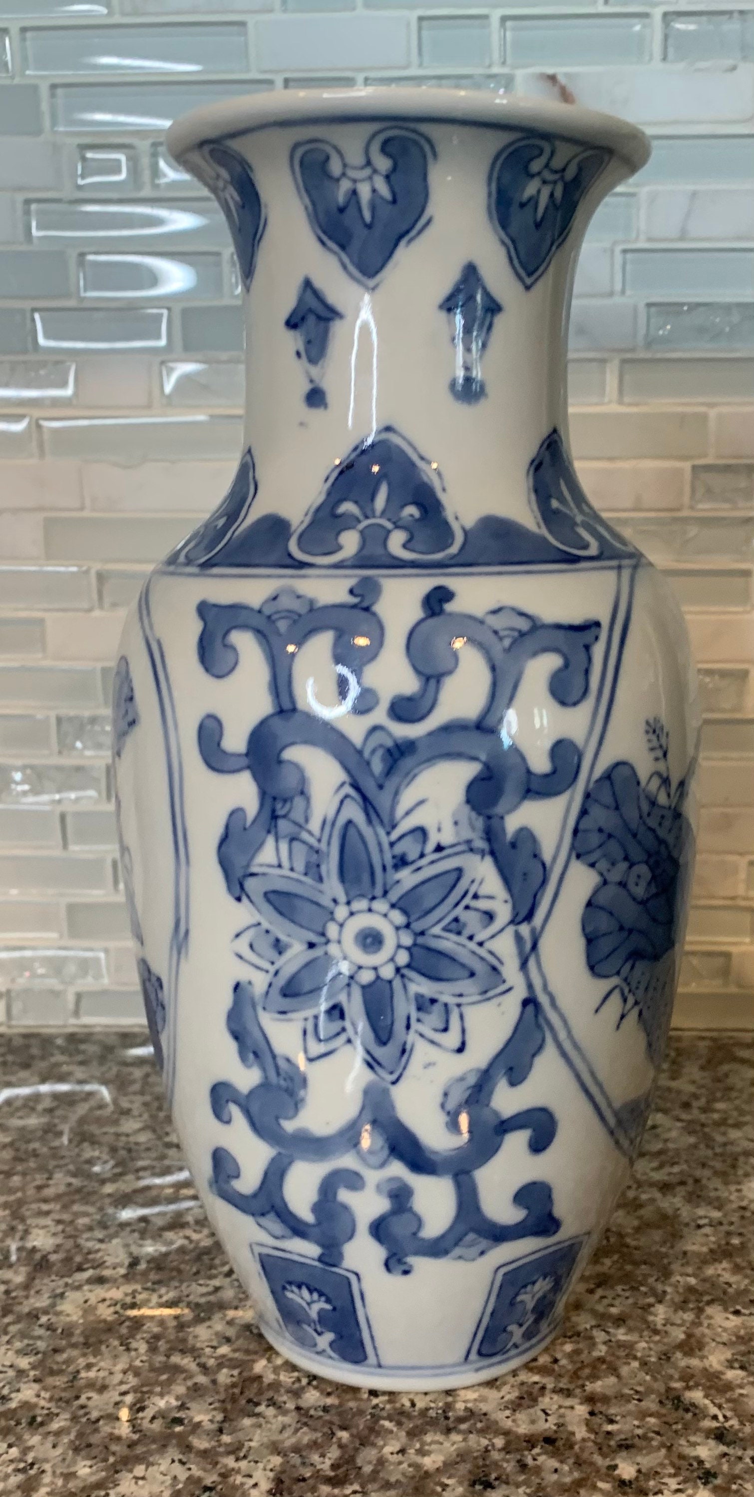 Vintage Chinoiserie Blue and White Porcelain Floral Vase With Lotus and ...