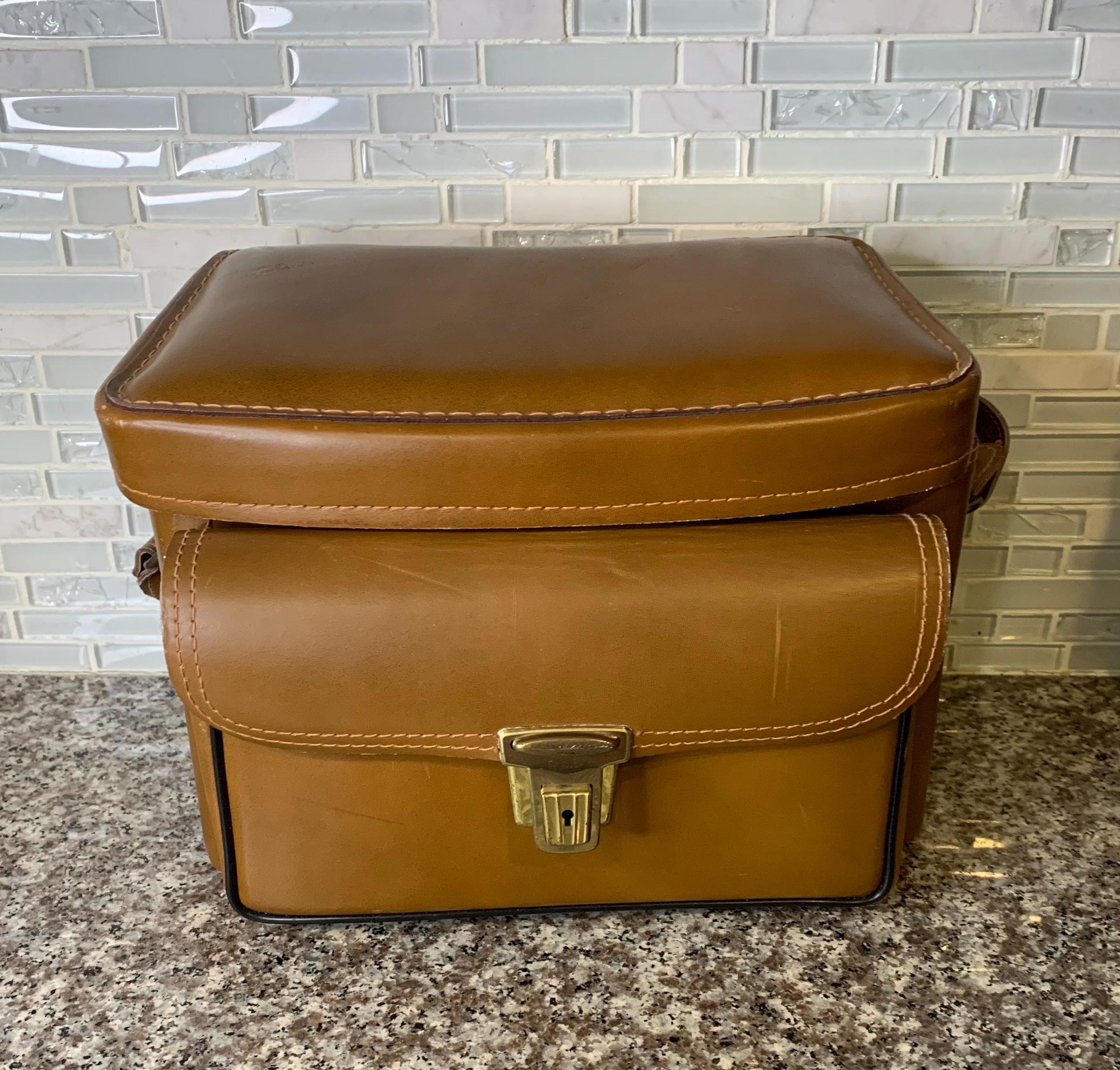 Vintage Brown Leather Camera Case - Hard Sided Top Grain Cowhide