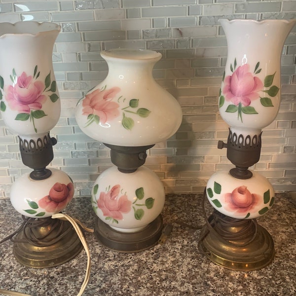 Vintage Set of 3 Gone with The Wind Lamps | Parlor Lamp | Hurricane Lamp | Table Lamp | Hand Painted | Fancy Rose Display | Milk Glass |