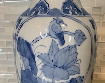 Vintage Chinoiserie Blue and White Porcelain Floral Vase with Lotus and Bird Artwork