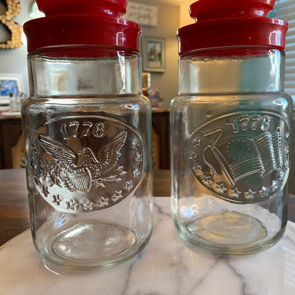 Vintage Set of 2 Glass Anchor Hocking Maxwell House Patriotic Canisters - Eagle, Flag, Stars, 1776