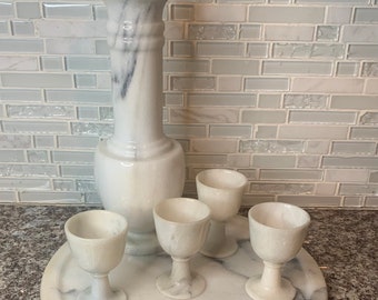 Vintage Marble Decanter Set with 4 Glasses and Tray | White & Gray | Servingware/Dishware/Barware/Sake