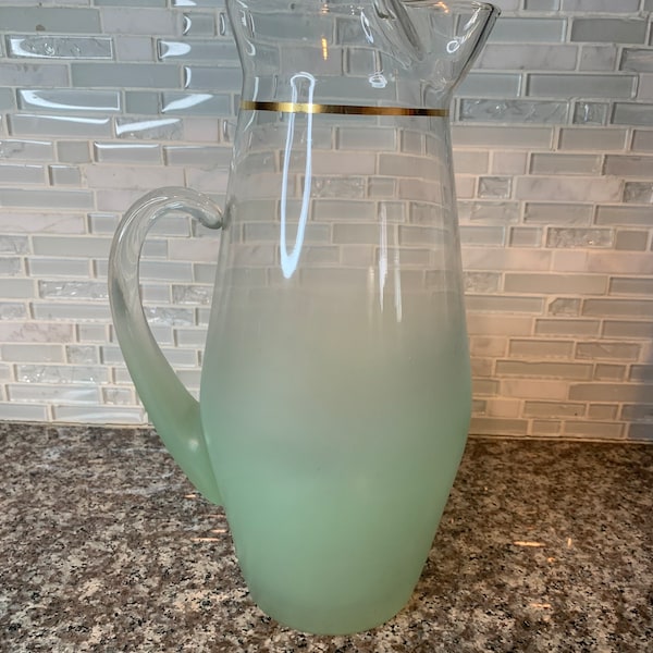 Vintage West Virginia Glass Blendo Mint Green 13.25” Tall Pitcher | Excellent Condition |  No Wear on Gold Band |  Flawless |