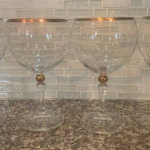 Vintage Set of 4 Bohemia Crystal- Crystalex Water Goblet Glasses Gold Rim, Gold Ball on Stem