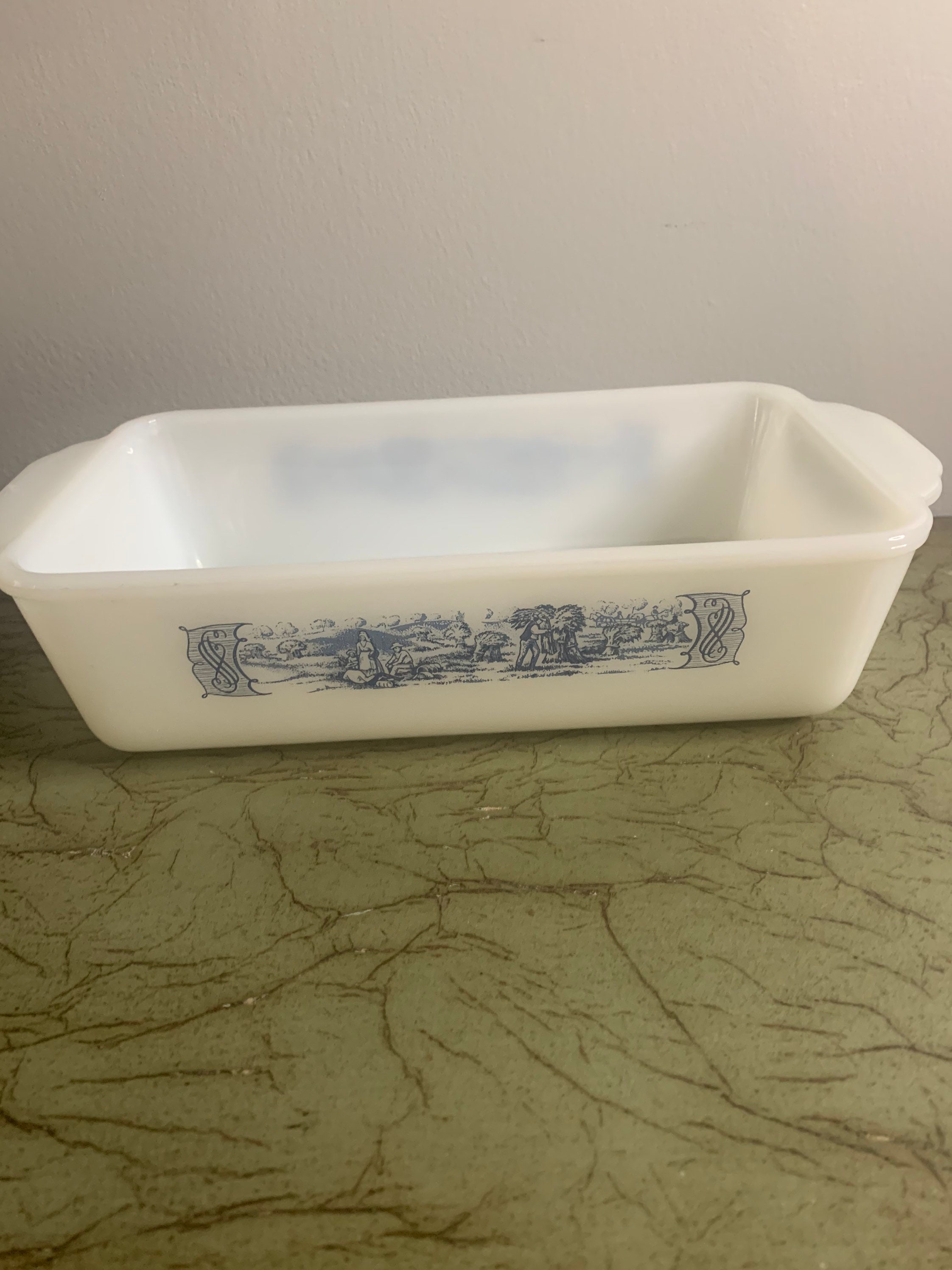 Vintage Glasbake Currier and Ives J522 Loaf Dish Pan, Milk Glass Loaf