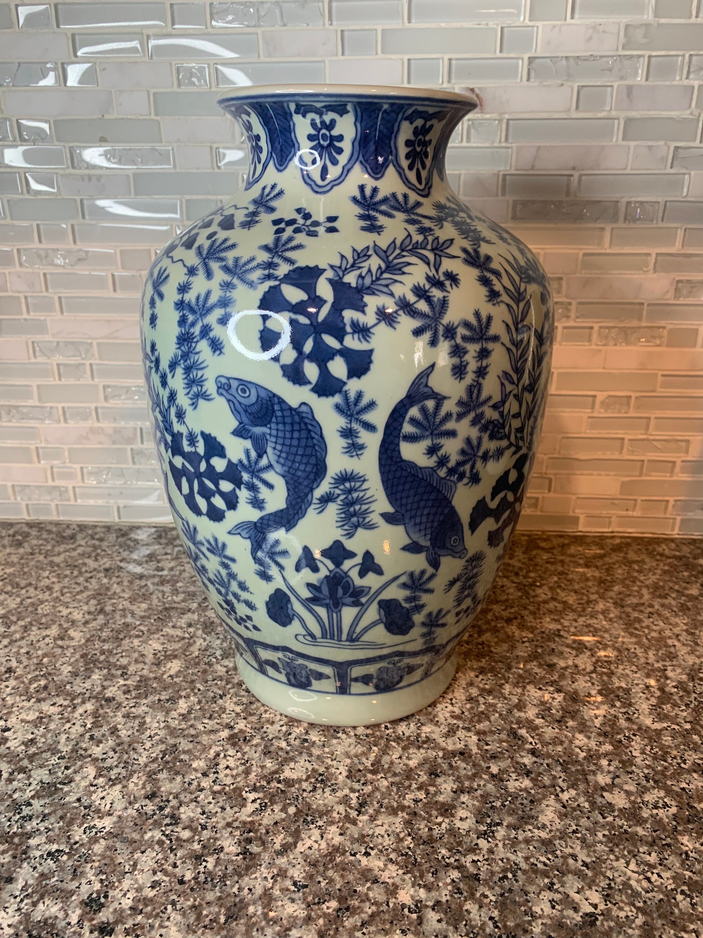 Pier 1 Imports Blue and White Porcelain Vase 153-9195 | Sturgeon | Fish |  Flowers | Chinoiserie | Blue and White | Heavy 