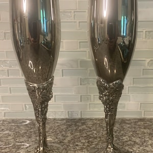 Vintage Set of 2 Grape Silverplate Champagne Fluted by Godinger