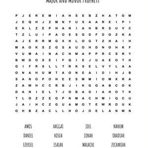 Peut inclure: Un puzzle de mots croisés en noir et blanc avec le titre "Prophètes majeurs et mineurs". Le puzzle comprend les noms des prophètes de l'Ancien Testament.