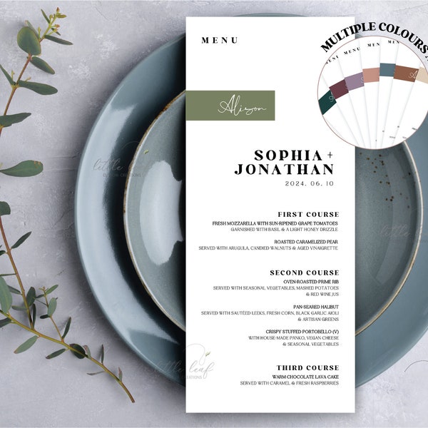 PRINTED Personalized Elegant Wedding Menus with Calligraphy Guest Names, Customizable / Neutral, Green, Blue, Pink, Red / Modern, Classic