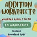 20 Printable Addition Worksheets Numbers Range: 1-20 Answers Included ...