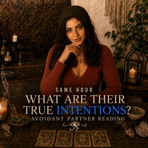 May include: A person wearing a dark brown long-sleeved top and a head covering, positioned behind a table with four tarot cards, candles, and crystals. Text reads: SAME HOUR WHAT ARE THEIR TRUE INTENTIONS? AVOIDANT PARTNER READING with an Eye of Horus symbol.
