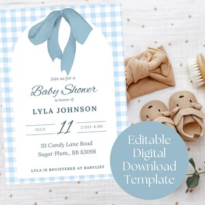 Bearbeitbare blaue Gingham-Babypartyeinladung - sofortiger Download, anpassbare Babypartyeinladung, moderne und klassische Babypartyeinladung