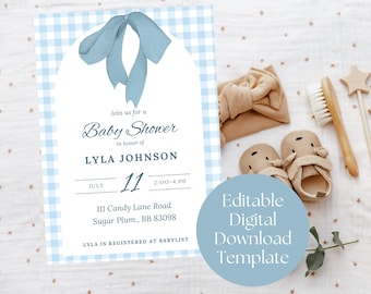 Invitación editable para baby shower con cuadros azules: descarga instantánea, invitación personalizable para baby shower de niño, invitación moderna y clásica para baby shower