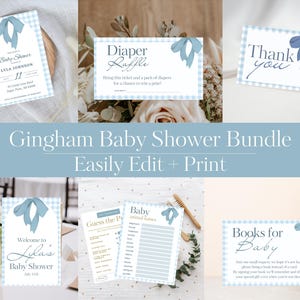 Blue Gingham with Bow Baby Shower Bundle, Editable Invitations, Games & Signage - Printable Set for Girl or Boy Baby Shower Invitations